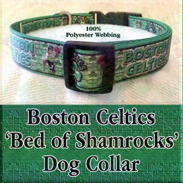 Boston Celtics Basketball Irish Shamrock Background Polyester Webbing Designer Dog Collar Product Image No3