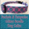Fuschia Turquoise Glitter Scrolls Dog Collar Product Image No1