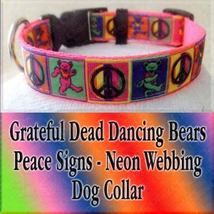Peace Signs Grateful Dead Dancing Bears Neon Webbing 5 Color Choices Designer Dog Collar Product Image No1