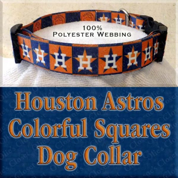 Houston Astros H Logo Orange Navy Squares Polyester Webbing Designer Dog Collar Product Image No3