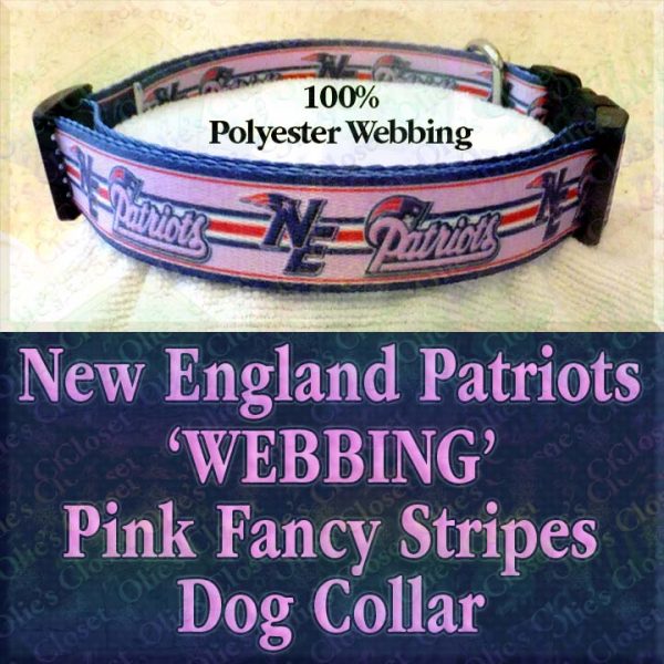 New England NE Patriots Pink Fancy Stripes Polyester Webbing Designer Dog Collar Product Image No3