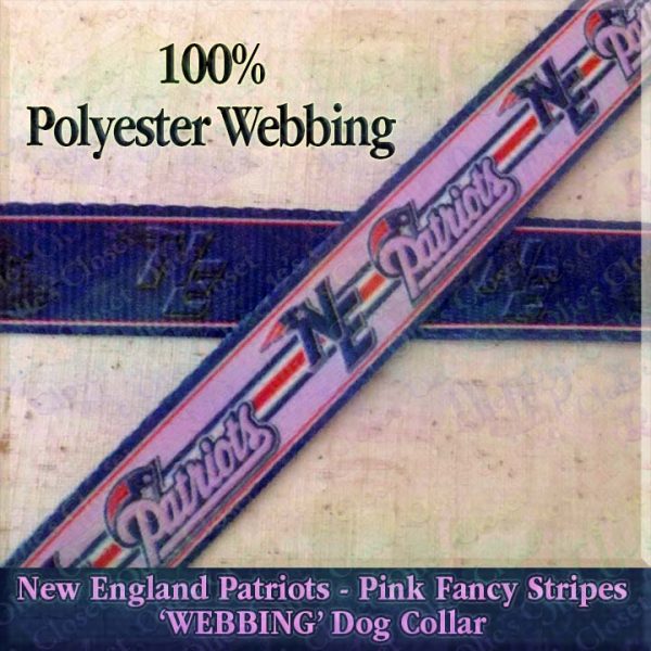 New England NE Patriots Pink Fancy Stripes Polyester Webbing Designer Dog Collar Product Image No2