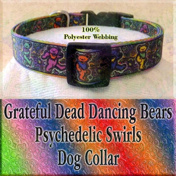 Psychedelic Swirls Grateful Dead Dancing Bears Polyester Webbing Designer Dog Collar Product Image No1