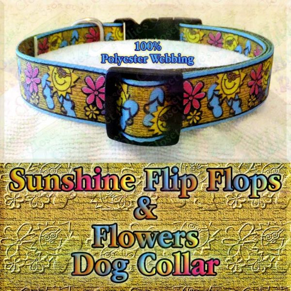 Summer Theme Sunshine Flip Flops & Flowers on Golden Canvas Faux Look Polyester Webbing Designer Dog Collar Product Image No4