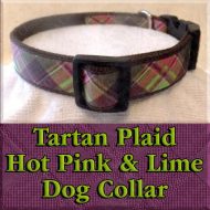Tartan Plaid Hot Pink and Lime Green Designer Dog Collar Product Image No1