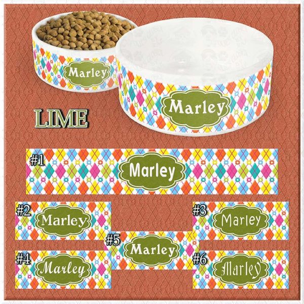 Personalized Custom Name Ceramic Pet Bowl LIME Argyle and Flowers CHOICES Product Image No1