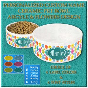 Argyle Flowers Personalized Custom Printed Ceramic Pet Bowl Product Image