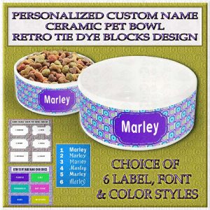 Personalized Custom Name Ceramic Pet Bowl Retro Tie Dye Blocks Product Image No1